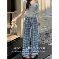 ราคา Women s Lace Drawstring Plaid Trousers กางเกงขากว้างผูกเชือกลายสก็อตสไตล์อเมริกันสำหรับผู้หญิง (24046636616)