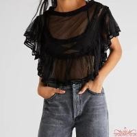ราคา เสื้อครึ่งแขนผ้าโปร่งตาข่าย Women s Sheer Mesh กับลายปัก Guipure Lace (56857360330)
