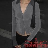 ราคา Topone Women Fall Tops Slim Fit Contrast Long Sleeve Collared Button up Shirts (54504386805)