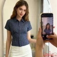 ราคา เสื้อลายสก๊อตแขนสั้นสำหรับผู้หญิง Lapel Tops Y2K สไตล์เรียบหรู อารมณ์วินเทจ (47954978464)
