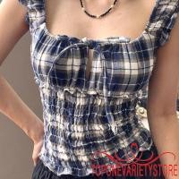ราคา ท็อปวันผู้หญิง แจ็กเก็ตวันแขนกุด ลายสก๊อต คอเหลี่ยม พิมพ์แบบสม็อค (47456340942)