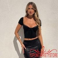 ราคา Topone เสื้อยืดแขนสั้นสำหรับผู้หญิง แบบ Crop Top patchwork ลูกไม้ sweetheart neckline สไตล์เปิดหลัง (43456407390)