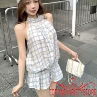 ราคา ชุดHaltermินิสำหรับผู้หญิง พิมพ์ลายสก๊อตพร้อมโบว์ด้านหน้า ใส่เก๋ที่ชายหาด (43220296833)