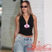 ราคา Topone Women Ruched Crop Tops Casual ฤดูร้อนดอกไม้คอวีลึกเสื้อแขนกุด (41351542325)