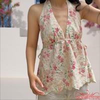 ราคา เสื้อกล้ามผู้หญิง คอวี ลายดอกไม้ ผูกเชือกด้านหลัง แขนกุด สไตล์ลําลอง (41313751260)