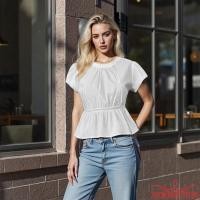ราคา เสื้อยืดสีทึบสำหรับผู้หญิง ทรง slim fit พร้อมเอวล็อคและกระดุมหน้า (40619624731)
