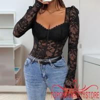 ราคา Topone ผู้หญิงแขนยาว Low cut Bodysuit Slim Fit Sheer Lace Jumpsuit (40154264704)