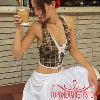 ราคา Topone ผู้หญิงฤดูร้อน Halter คอเสื้อแขนกุดลูกไม้ Trim ลายสก๊อตพิมพ์ Crop Top (28658409347)