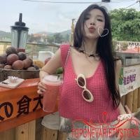 ราคา ท็อปวัน ผู้หญิงฤดูร้อนโครเชต์ถักเสื้อกล้ามหลวมรอบคอแขนกุดสีทึบเสื้อพืช (28101045520)