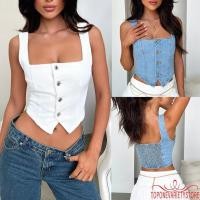 ราคา Topone ผู้หญิงเสื้อกล้ามคอสี่เหลี่ยมกลับshirredแขนกุดปุ่มลงเสื้อครอป (27200107096)