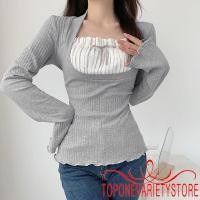 ราคา Topone เสื้อยืดแขนยาวคอเหลี่ยมสีเทาบางสําหรับผู้หญิง (18594369836)