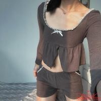 ราคา Topone ชุดเอวล็อกลายลูกไม้ คอเหลี่ยมแขนยาว กางเกงขาสั้นยีนส์ 2 ชิ้น (44003961017)