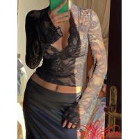 ราคา Topone women Lace Floral Crop Tops Long Flared Sleeve Sheer Slim T shirt (24450434513)