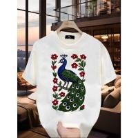 ราคา เสื้อยืดแขนสั้นผู้ชาย ลายนกยูงและดอกไม้สีแดง เหมาะสำหรับกิจกรรมกลางแจ้งและสไตล์สตรีทแวร์ (54255845989)