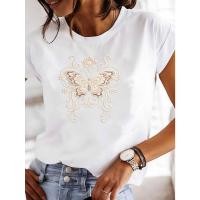 ราคา เสื้อยืดแขนสั้นลายผีเสื้อปักและดอกไม้ สำหรับกิจกรรมกลางแจ้งและสไตล์ลำลอง (46854839076)