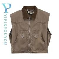 ราคา YIPINYOUYOU เสื้อกั๊กผู้ชาย แฟชั่นสไตล์เกาหลีล้างสีกากีพับเสื้อกั๊กยีนส์คอปก (25583679064)