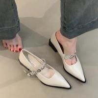 ราคา สไตล์ฝรั่งเศสส้นส้นสูงแกะหนังเท้าออกแบบด้วยสายรัดหัวและเข็มขัดโลหะรองเท้าสตรีส้นส้นสูง Chunky (56158314207)