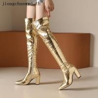 ราคา รองเท้าบูทส้นสูง ความยาวเหนือเข่า ขนาดใหญ่ สีทอง สีเงิน สไตล์ยุโรป และอเมริกา ไซซ์ 34 46 (26273071433)