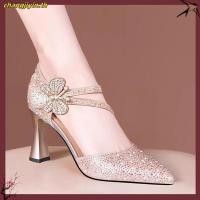 ราคา รองเท้าแตะส้นสูงผู้หญิง แบบหัวแหลม ส้นหนา พิมพ์โบ Rhinestone พร้อมสายรัด (56207719893)