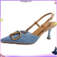 ราคา รองเท้าส้นสูง ผ้ายีน หัวแหลม แต่งสายรัดข้อเท้า แบบแบน สําหรับผู้หญิง (43829803830)