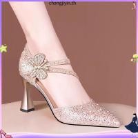 ราคา รองเท้าแตะส้นสูงผู้หญิง แบบหัวแหลม ส้นหนา พิมพ์โบ Rhinestone พร้อมสายรัด (26594523810)