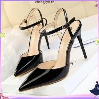 ราคา รองเท้าส้นสูง หัวแหลม แต่งสายรัดข้อเท้า ฉลุลาย สุดเซ็กซี่ (51608153927)