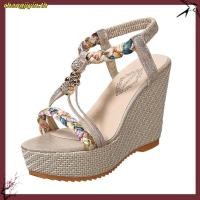 ราคา รองเท้าแตะเปิดนิ้วเท้า 2025 ฤดูร้อนสไตล์ใหม่วงยืดหยุ่น Rhinestone Wedge Heel รองเท้าผู้หญิงหนา Soled แพลตฟอร์ม Soft Soled สูง (55656635252)