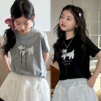 ราคา เสื้อยืดเด็กผู้หญิงลายน่ารักแต่งโบว์ สไตล์เกาหลี เสื้อแขนสั้นใส่สบาย แฟชั่นเด็ก (48157441882)