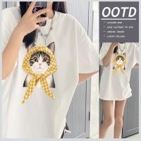 ราคา 2026 เสื้อยืด oversize cotton100 แฟชั่น สไตล์เกาหลี เสื้อยืดทรงผู้หญิง Cute Cat ใส่สบาย เสื้อระบาย ฤดูร้อน (53858538909)