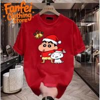 ราคา Merry Christmas T shirt สีแดง Oversize ทรงหลวม แผ่นงานแคทูนหมวกคริสต์มาส สุนัขขาว กระดิ่ง ทอง ผู้ชาย (43127103969)