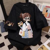 ราคา Top basic เสื้อยืดสีดำ Oversize คอกลม ลายกากเพชรวิ้งๆ ผ้าคอตตอนนุ่มใส่สบาย แมตช์ง่ายได้ทุกชุด FIN girl (49958744444)