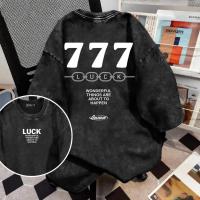 ราคา Top basic เสื้อวินเทจ สตรีท oversize ผ้าฝ้าย แนวสตรีท ไม่ต้องรีดผ้า สวมใส่สบาย ผ้านิ่ม ลาย LUCK Seven เสื้อยืดชาย (47604919352)