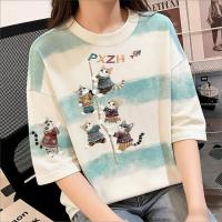 ราคา Top basic เสื้อยืดแขนสั้นลายทางบาติกสไตล์เรโทรอเมริกันทรงหลวมรุ่นใหม่ปี สำหรับฤดูร้อน PXZH CAT เสื้อน่ารัก COD (41228983458)