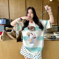 ราคา Top basic เสื้อยืดแขนสั้นลายทางบาติกสไตล์เรโทรอเมริกันทรงหลวมรุ่นใหม่ปี สไตล์วินเทจ ผ้าหนานุ่ม ใส่สบาย ลาย FIN girl (41179350287)
