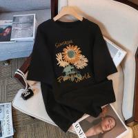 ราคา Top basic เสื้อสีดํา เสื้อลายดอก พิมพ์ลาย SUNSHINE Flower ผ้าฝ้ายนม โคตรนุ่ม OVERSIZE เสื้อคอกลม เสื้อยืดผู้หญิง (29483321594)