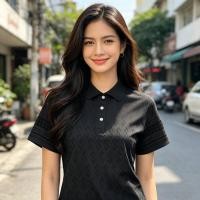ราคา จัดส่งวันถัดไป เสื้อโปโลผู้หญิงสีดำ เสื้อโปโลลายไทยพื้นเมือง แขนสั้น เสื้อโปโลธุรกิจแบบหลวม (49158807465)