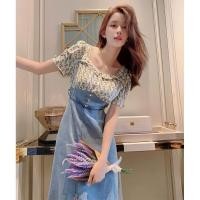 ราคา ชุดสไตล์ฝรั่งเศสสำหรับฤดูร้อน คอเหลี่ยมลายดอกไม้ เอวแคบทรงกระโปรงยีนส์ (57759007974)