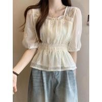 ราคา สวมใส่น่ารักเล็กๆน้อยๆ ปักเชื้อราขอบเสื้อชีฟองฤดูร้อนสั้นฝรั่งเศสหวานสไตล์เสื้อผู้หญิงด้านบนชีฟองแขนสั้น (44030089397)