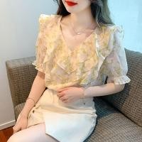 ราคา มาใหม่ แฟชั่นฤดูร้อนเร้าใจดอกไม้คอวีเสื้อชีฟองแขนสั้นสุภาพสตรีสวยแฟชั่นเสื้อเชิ้ตขนาดเล็ก (45409013583)