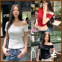 ราคา เสื้อยืดผู้หญิง คอไม่สมมาตร ครอป แขนสั้น เสื้อแขนสั้นปาดไหล่ข้างเดี่ยว สีพื้น แมทช์ง่าย ต้องมี C002 (42068671952)