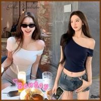 ราคา เสื้อยืดไม่เสริมฟองน้ำ แขนสั้น เสื้อไหล่เดียว ผ้าเนื้อนุ่ม สไตล์เกาหลี สีพื้น แมทช์ง่าย ต้องมีเลย C002 (43419325485)