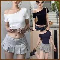 ราคา พร้อมส่ง เสื้อยืดผู้หญิง คอไม่สมมาตร ครอป แขนสั้น เสื้อแขนสั้นปาดไหล่ข้างเดี่ยว สีพื้น แมทช์ง่าย ต้องมี C002 (43572628928)