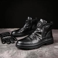 ราคา รองเท้าบูทข้อเท้าผู้ชายสีดำ สไตล์มอเตอร์ไซค์คลาสสิก แฟชั่นกลางแจ้ง ทรงสั้นสไตล์ท่าการ ทันสมัย ทนทาน (49406749869)