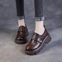 ราคา Loafers หนังแท้สำหรับผู้หญิง สไตล์ใหม่ ฤดูใบไม้ผลิและฤดูใบไม้ร่วง ส้นหนาพร้อมหัวเข็มขัดโลหะ Velcro (52208262418)