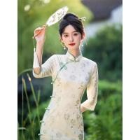 ราคา ใหม่สไตล์จีนปรับปรุงสไตล์จีนทุกวันศิลปะสาว กี่เพ้า ลูกไม้ยาวสามไตรมาสแขนสีเขียวอ่อน 3311 (57259002434)