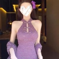 ราคา สไตล์จีนลูกไม้สีม่วงใหม่ เชือกแขวนคอ ชุดเซ็กซี่สำหรับฤดูใบไม้ผลิ พร้อมกระเป๋าสะโพกและกระโปรงแบบแคบเอว (46003038932)