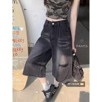 ราคา กางเกงยีนส์croppedผู้หญิง สีดำและเทา เอวสูง ทรงslimmer ขากว้าง เหมาะสำหรับฤดูร้อน BQCS (51658273357)