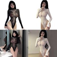 ราคา ผู้หญิง Fishnet ชุดบอดี้สูทแขนยาวเปลือยดอกไม้ลูกไม้ Jumpsuit ชุดชั้นใน (54008977451)