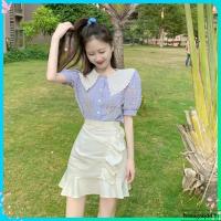 ราคา ฤดูร้อน เสื้อผ้าผู้หญิงสีม่วงคอปกตุ๊กตา เสื้อเชิ้ตแขนสั้นแขนพอง เกาหลีแฟชั่นวินเทจ (54157491544)