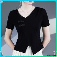 ราคา เสื้อครอป เสื้อสาวอวบ เสื้อแขนสั้นสุภาพสตรียอดนิยมแบบจีน ทรงกระชับ มีปุ่มและซอกตัดขอบ สไตล์ใหม่สำหรับสวมใส่งานวันธรรมดา (52208093615)
